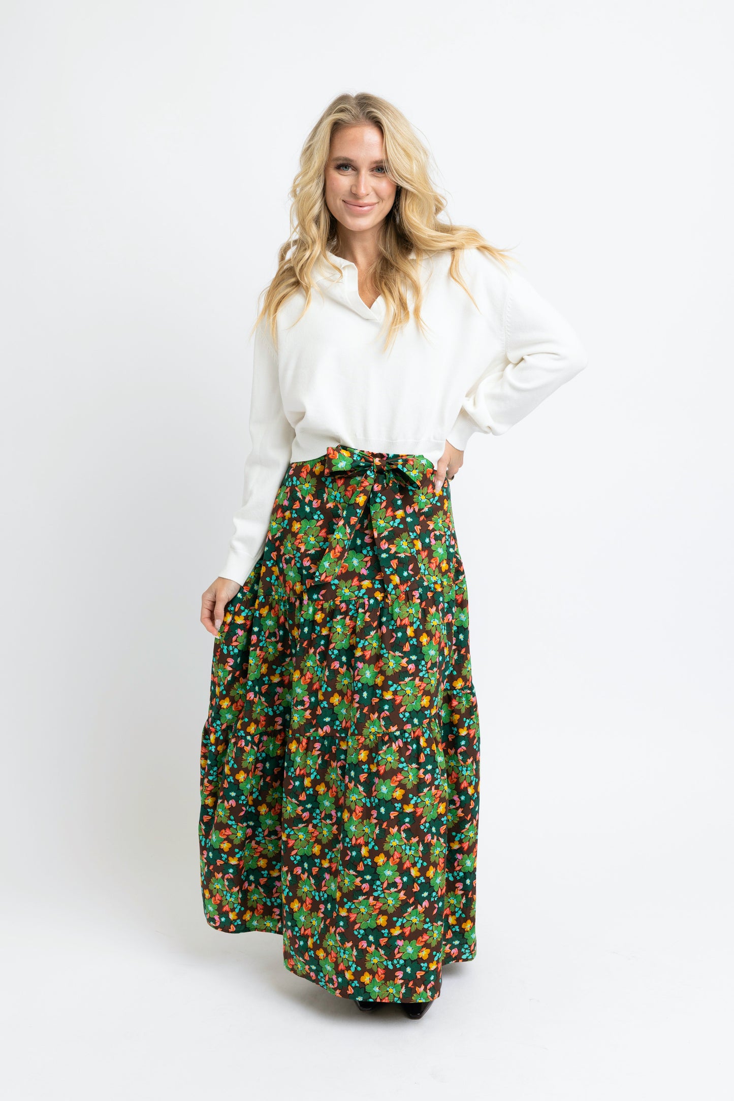 The Emilia Tie Waist Maxi Skirt (Autumn Floral) Karlie