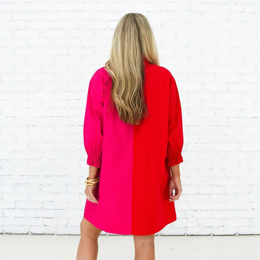 Kelsey Bold Contrast Tunic Dress (Red/Pink) - OS - Dresses