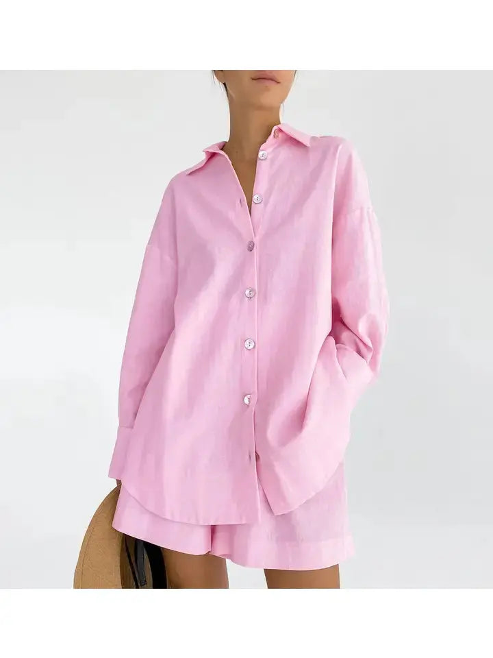 Ladies Leisure Button-Down Shorts Set - Small / Pink - Loungewear