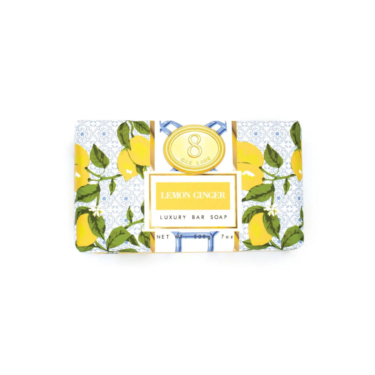 Lemon ginger wrapped bar soap from 8 Oak Lane, natural soap with lemon and ginger ingredients, showcasing the wrapped packaging.