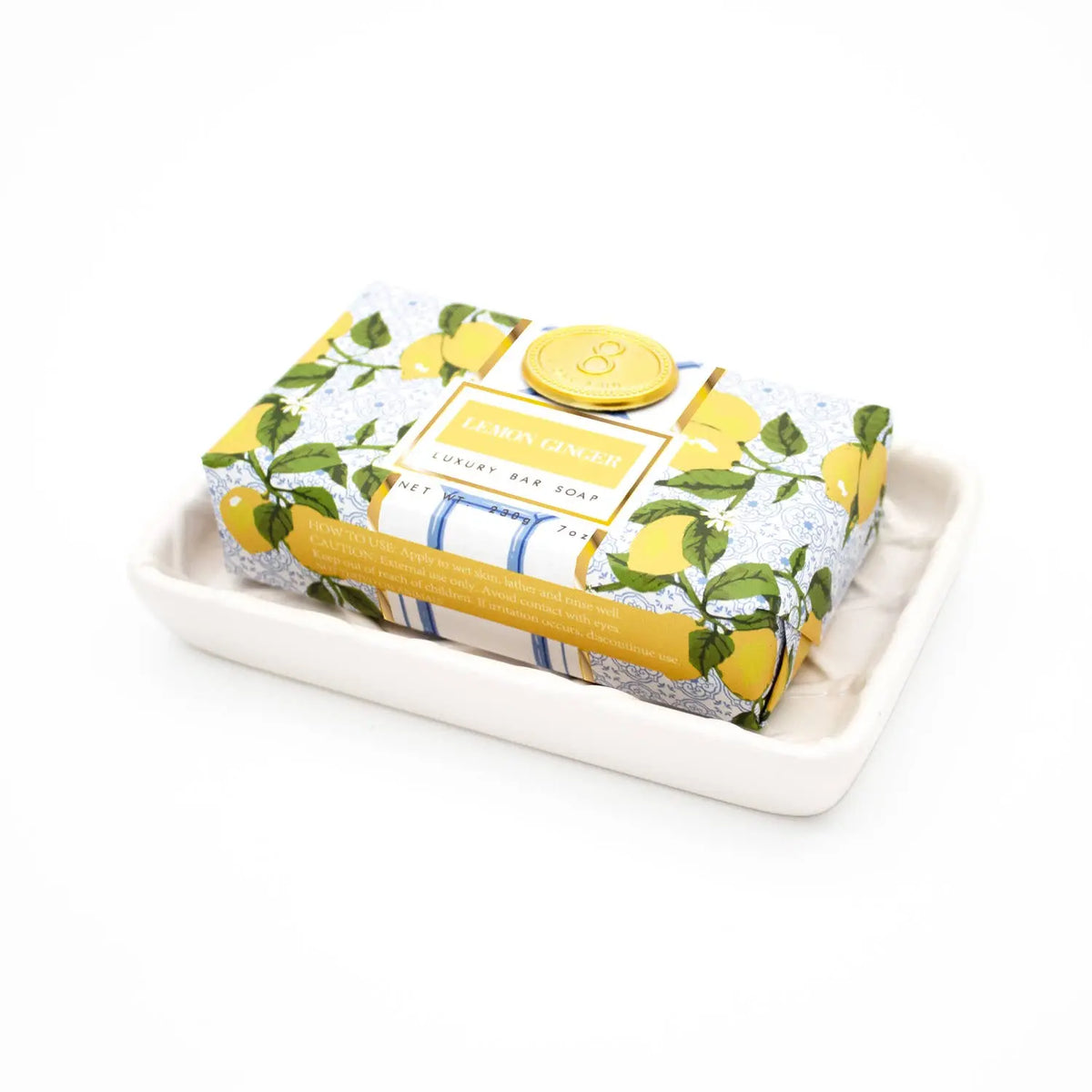Lemon ginger wrapped bar soap by 8 Oak Lane, natural soap with lemon and ginger scent, wrapped in paper packaging.