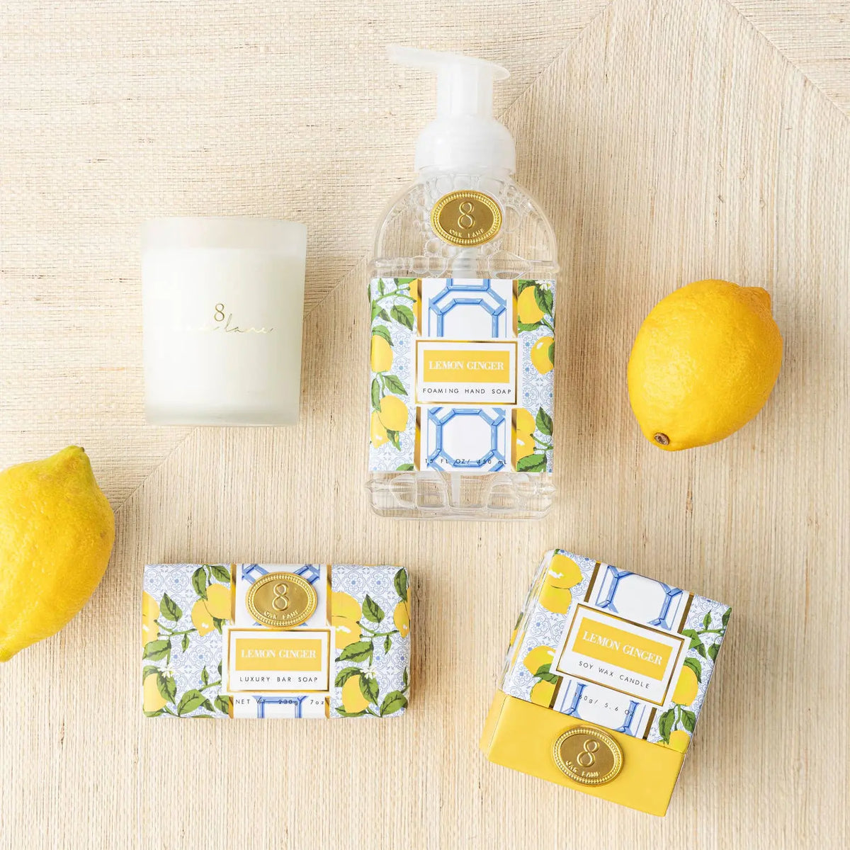 Lemon ginger wrapped bar soap from 8 Oak Lane, natural home and living soap with citrus and spice scent, wrapped in paper.