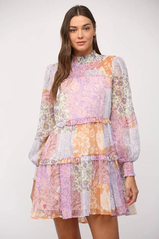 Lily Patchwork Chiffon Tiered Dress - Dresses