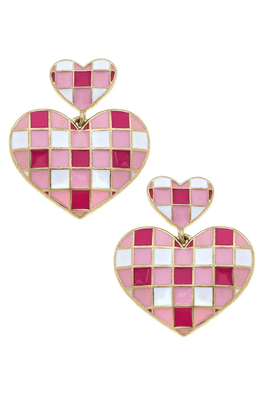 Livy Gingham Heart Earrings in Pink & White - Jewelry