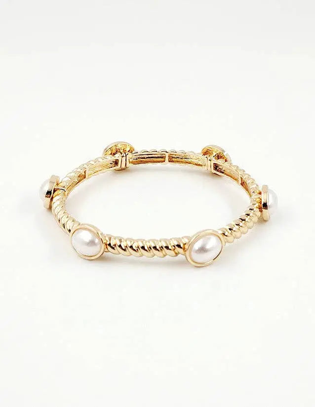 Madeline Ribbed Gold & Pearl Stretch Bracelet - Jewelry