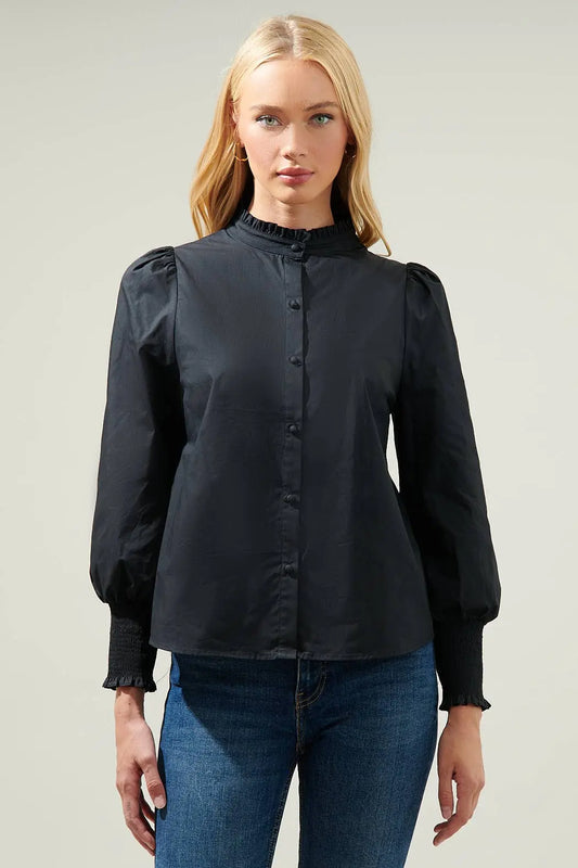 Sophia Ruffle Button-Down Top - M / Black - Tops