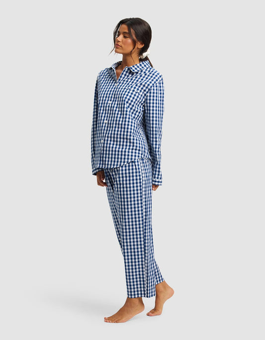Women's Cozy Earth Sutton long sleeve cropped pajama top and pants set in Pacific Gingham, soft and comfortable sleepwear ensemble.