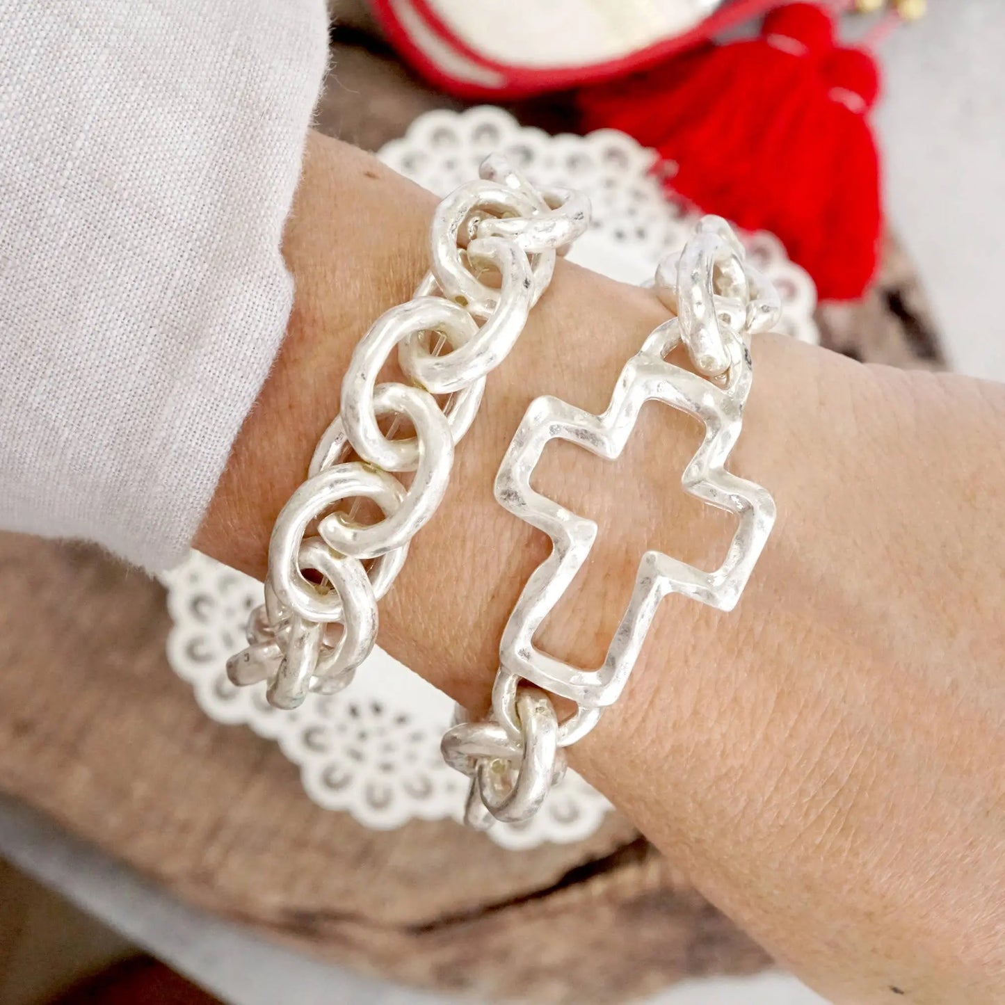 The Madeleine Chunky Cross Bracelet (Silver) - Jewelry