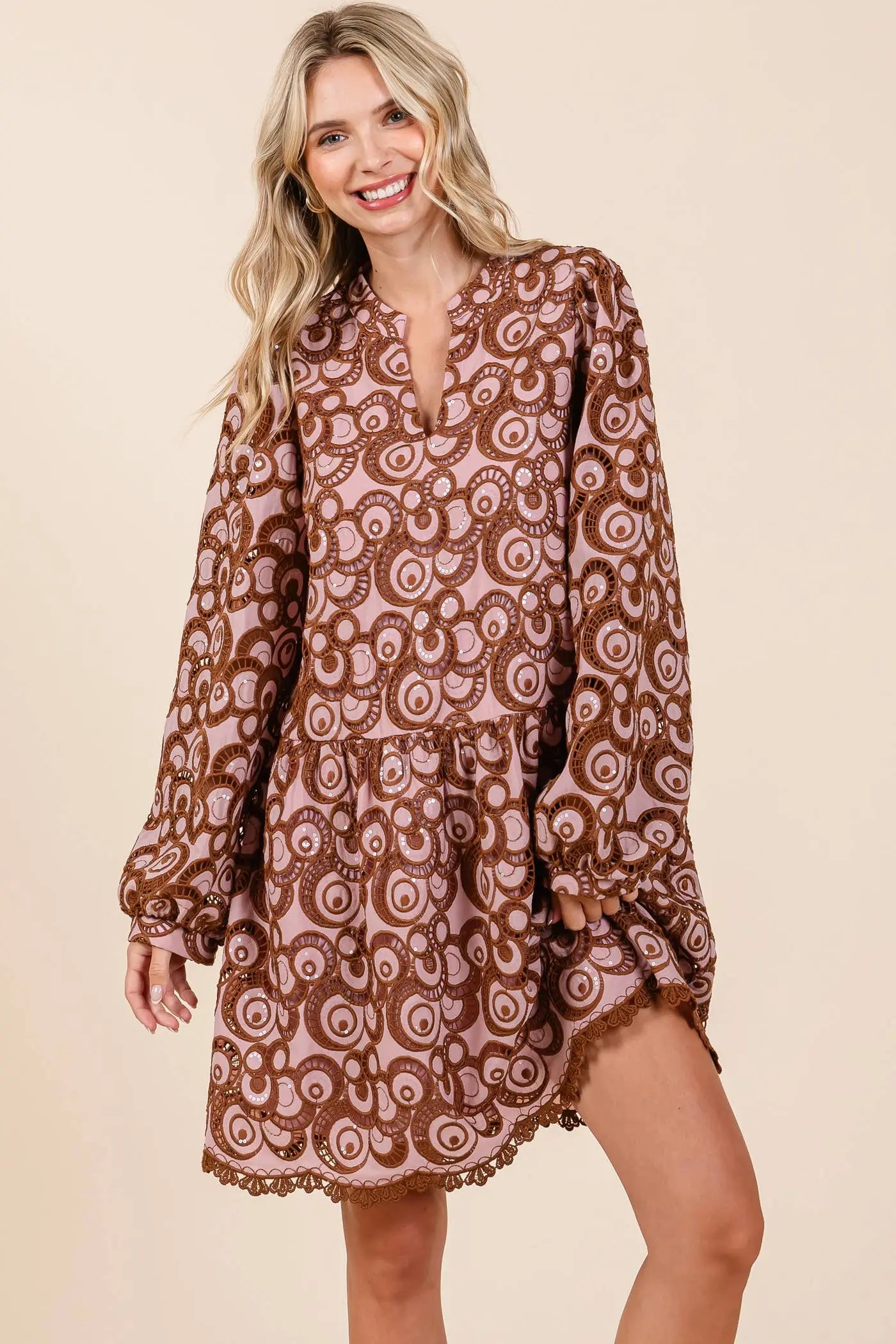 Vivienne Geometric Mini Dress - Mauve/Brown / L - Dresses
