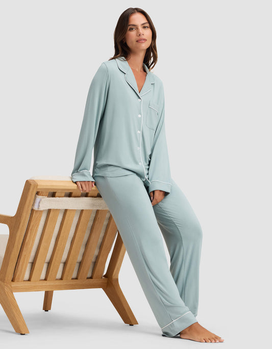 Women's bamboo stretch-knit classic pajama set by Cozy Earth, featuring long sleeve top and matching pajama pants in a comfortable fit.