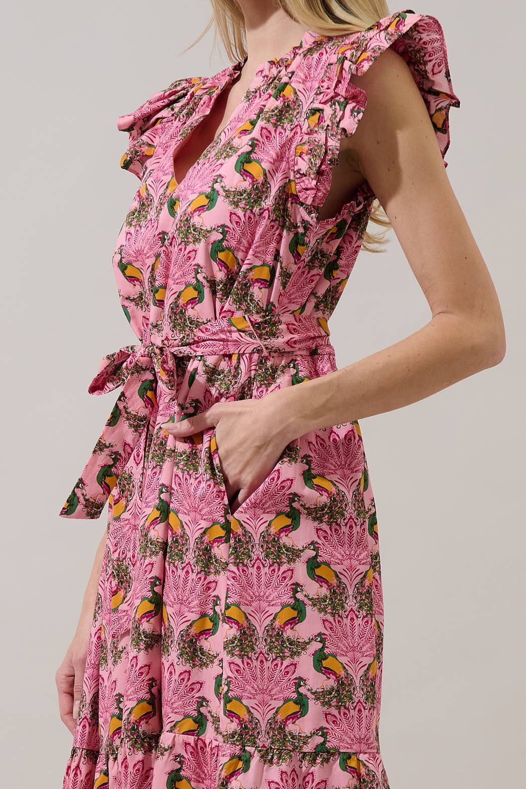 Sugarlips Peacock Bay Sita Ruffle Midi Dress with floral print, featuring ruffled details and a flowy silhouette.