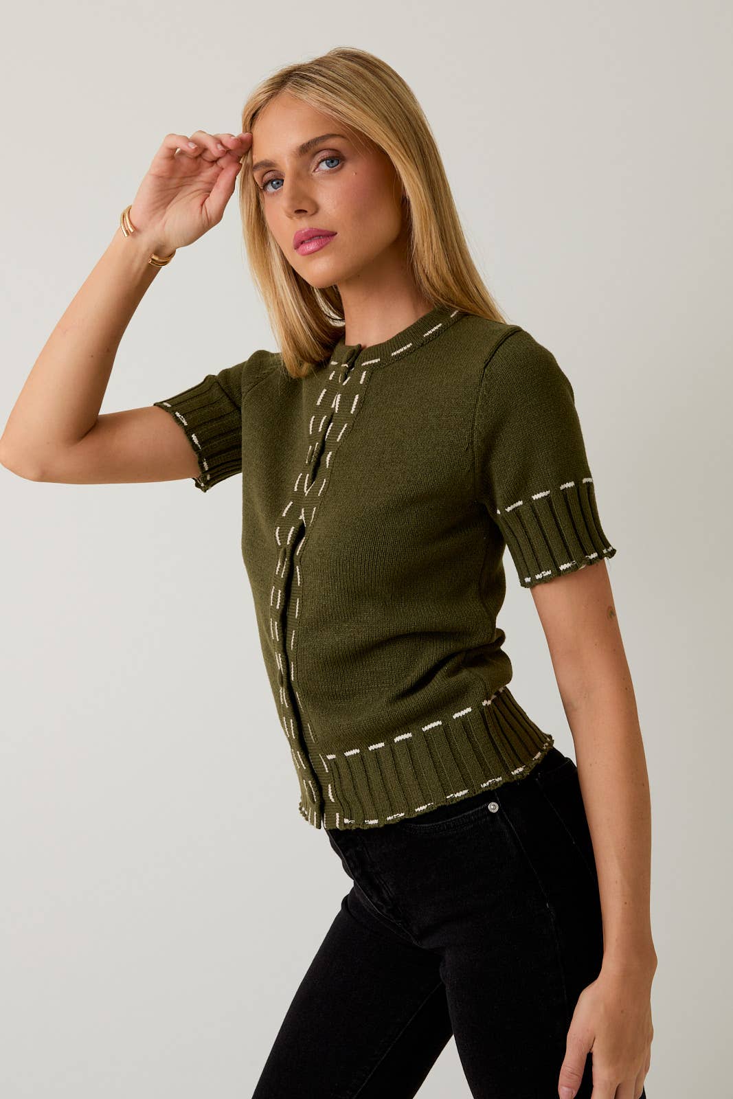 Round Neck Stitch Detail Sweater Cardigan – Olive