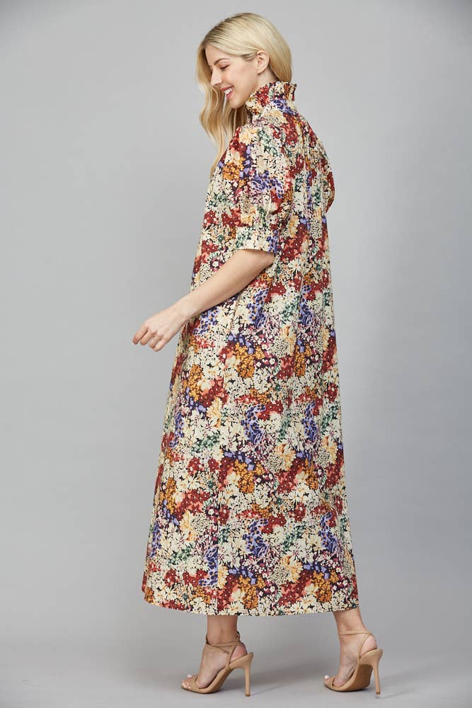 Garden Stroll Ruffle-Neck Midi Dress (Ivory Multi)