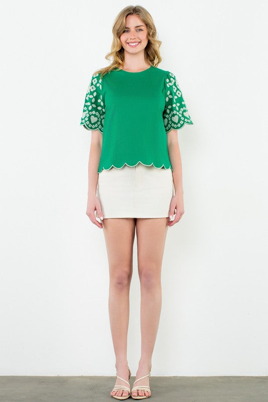 Hadley Embroidered Scallop Sleeve Top – Emerald THML