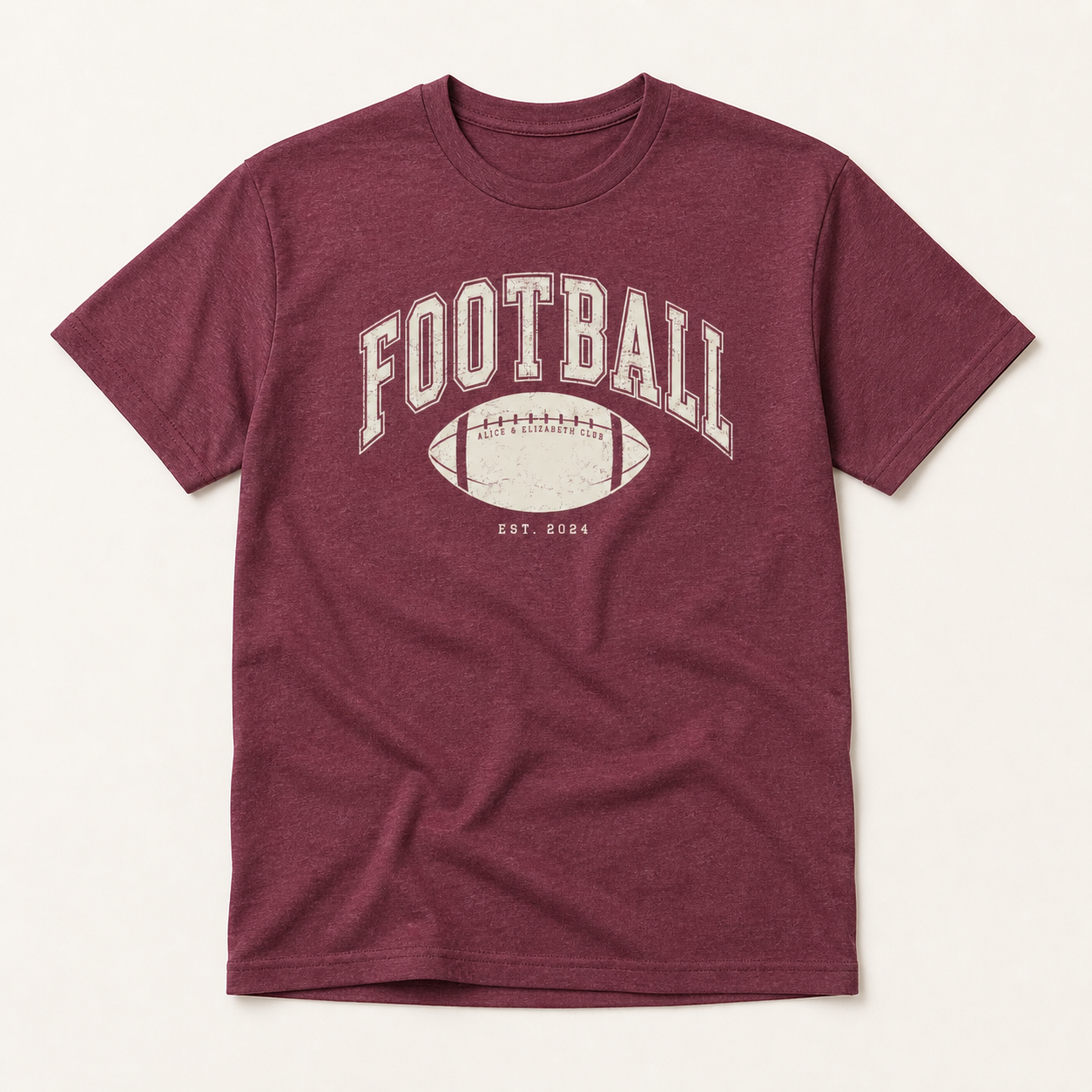 Alice & Elizabeth Football Tee in Heather Maroon, boutique flat-lay product view