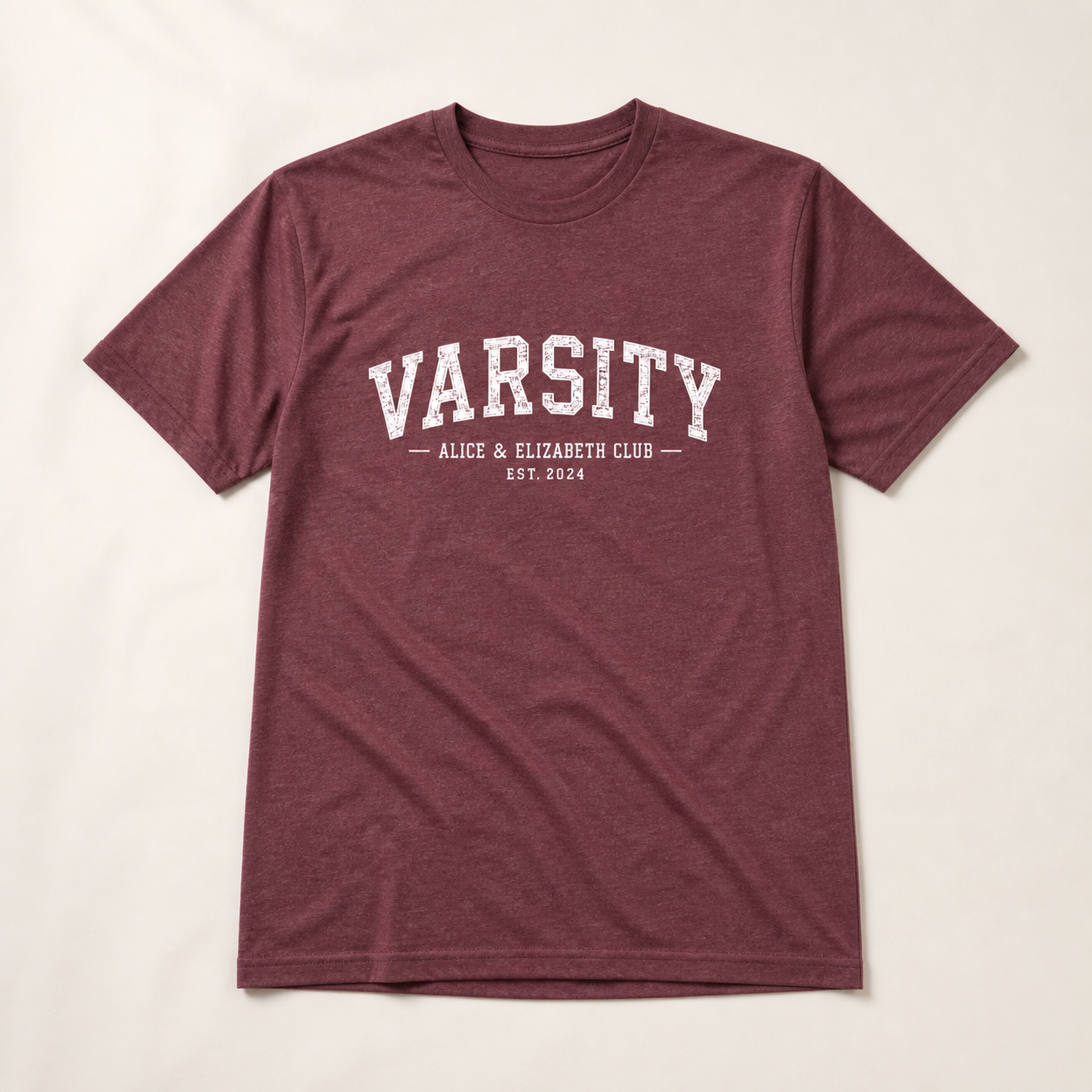 Alice & Elizabeth Varsity Tee in Heather Maroon flat lay product view