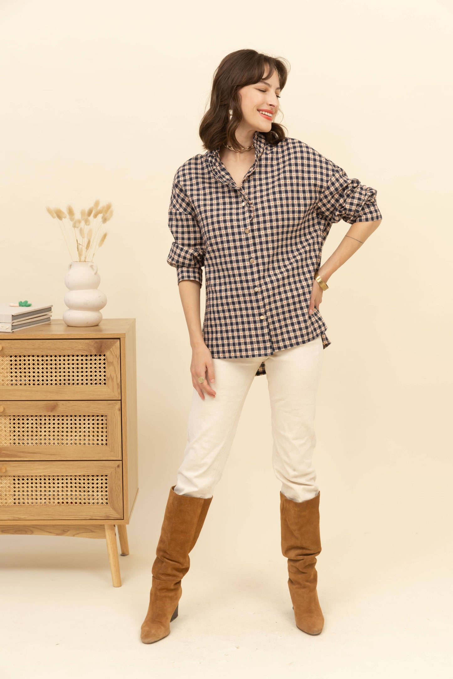 Gingham Ruffle Jacquard Shirt