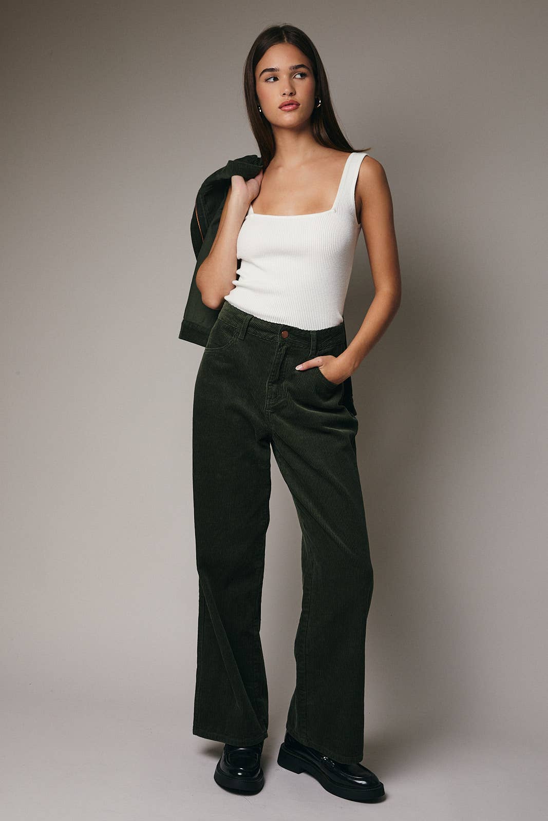 Margot Corduroy Wide-Leg Pants (Olive)