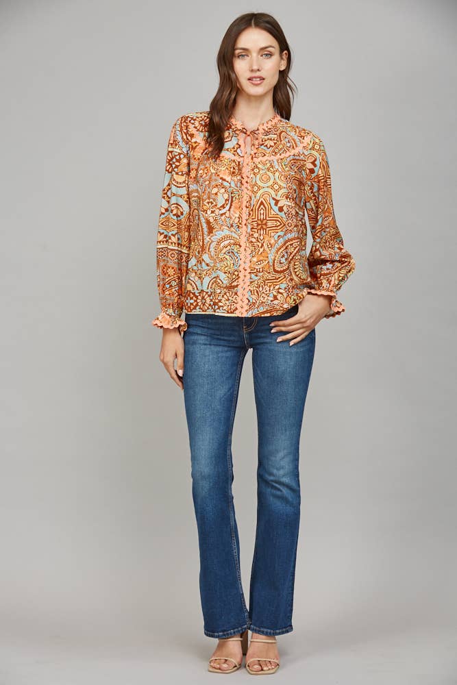 Rosalie Decorative-Trim Print Blouse (Rust Multi)