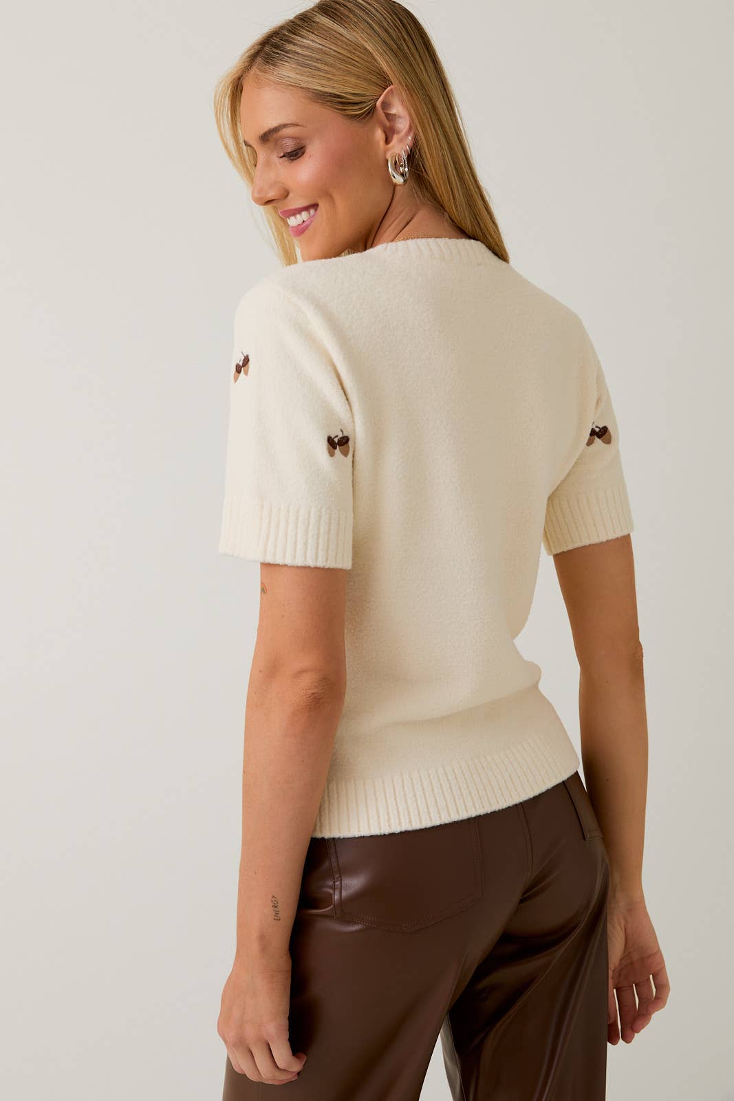 The Elsie Short Sleeve Knit Cream Embroidered Sweater