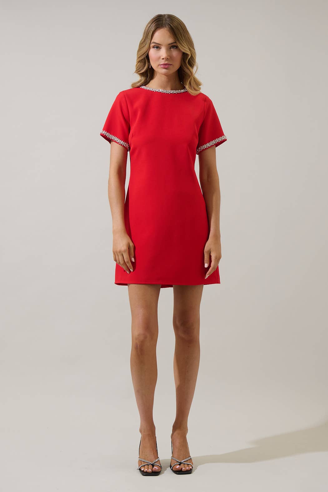 Red Kaitlyn Rhinestone Shift Mini Dress by Sugarlips, featuring sparkling rhinestones and a sleek, modern silhouette.