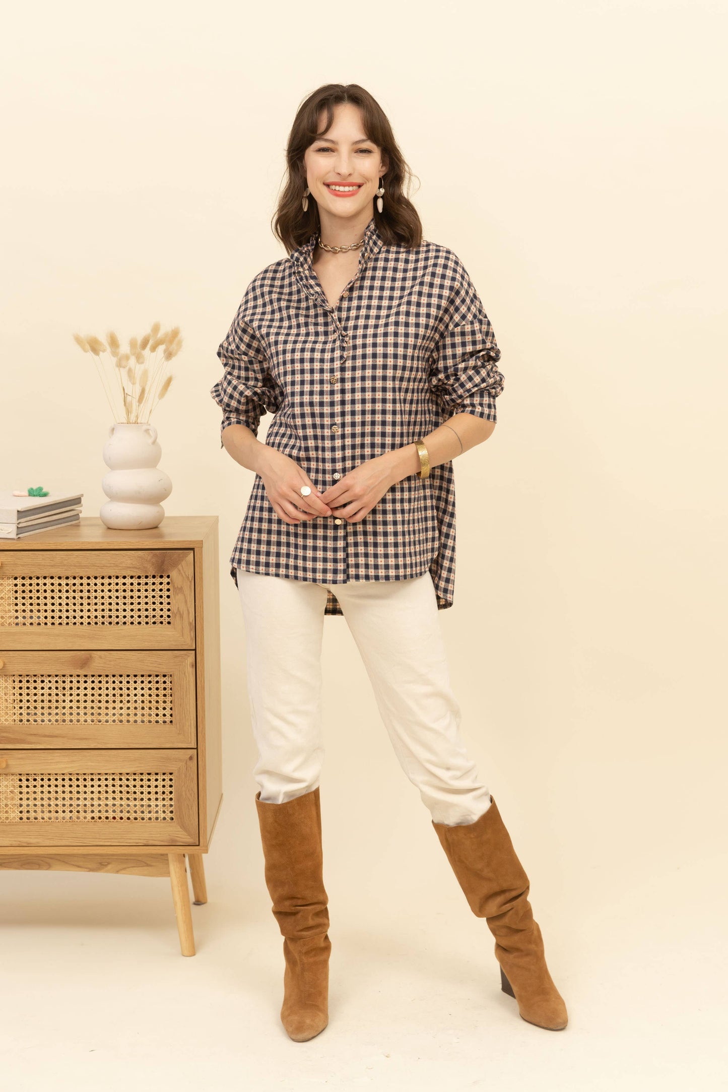 Gingham Ruffle Jacquard Shirt