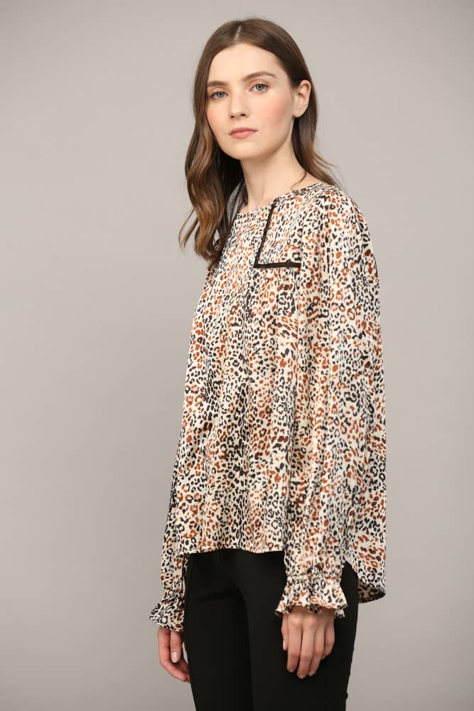 Esme Animal-Print Lace Peasant Blouse (Ivory Multi)