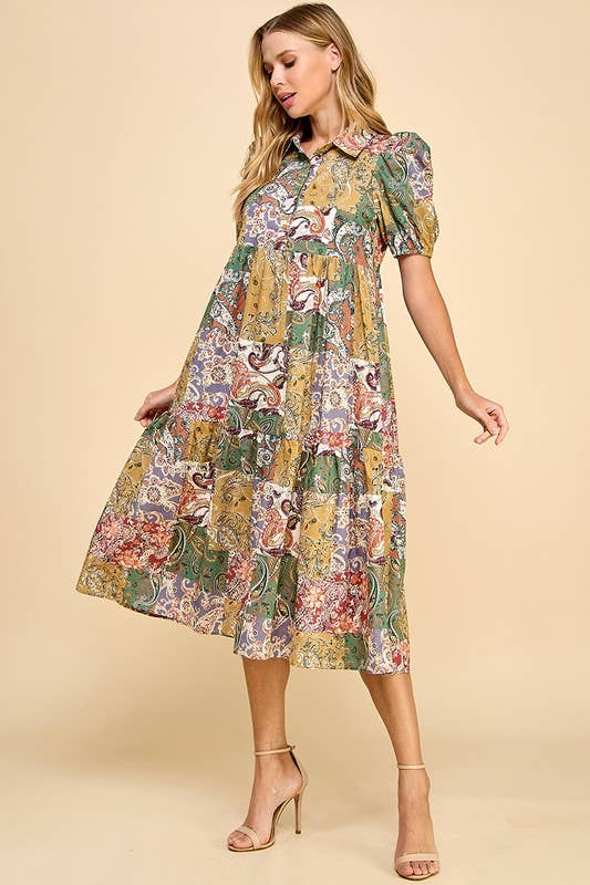Elodie Abstract Collared Midi Shirt Dress
