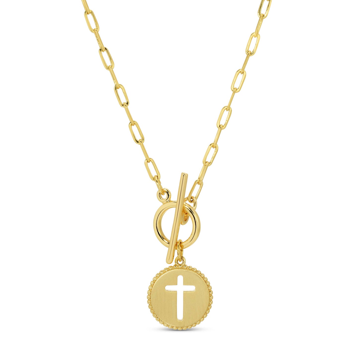 Cross Paperclip Toggle Necklace — Gold Necklace