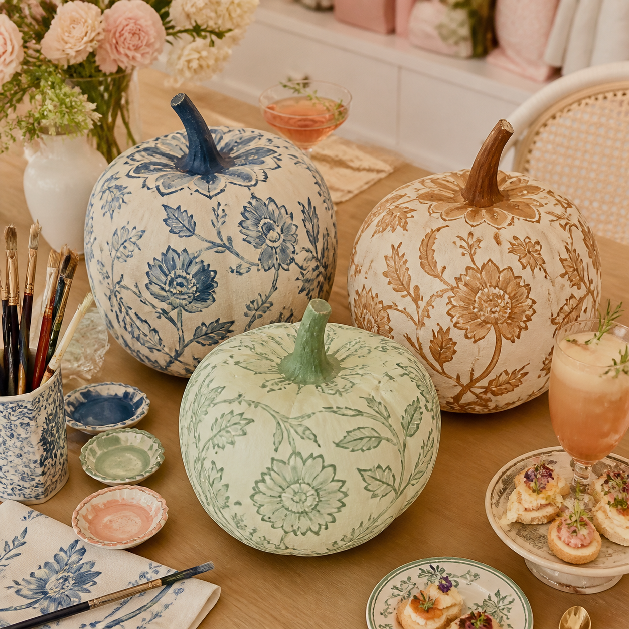 Blue, brown, and green chinoiserie-inspired papier-mâché pumpkins on a craft table