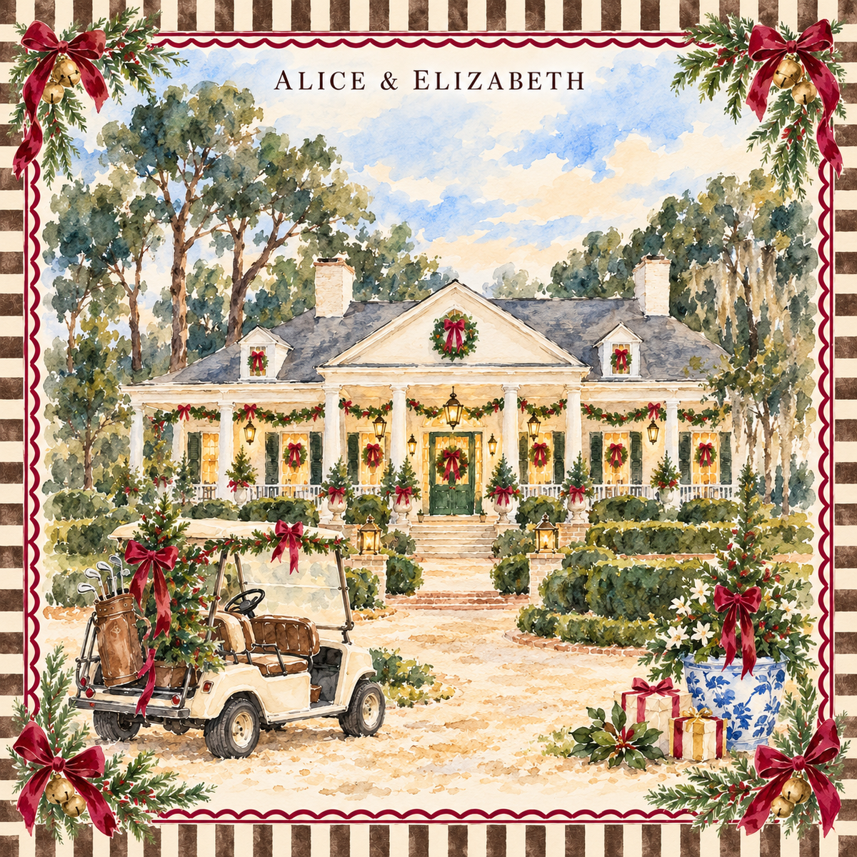 Christmas at the Club watercolor mahjong mat design