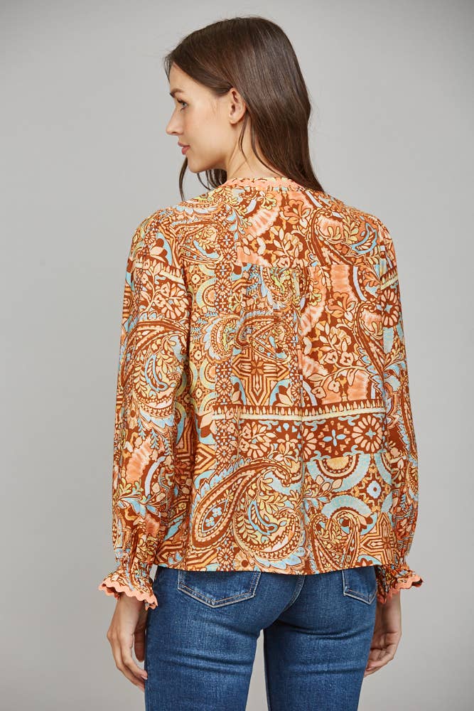 Rosalie Decorative-Trim Print Blouse (Rust Multi)