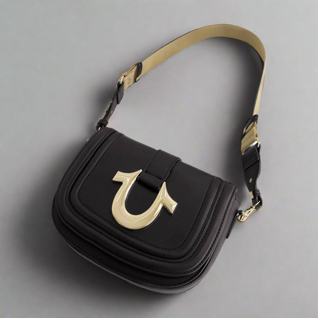 True Religion Camden Saddle Bag with Gold Hardware (Black)