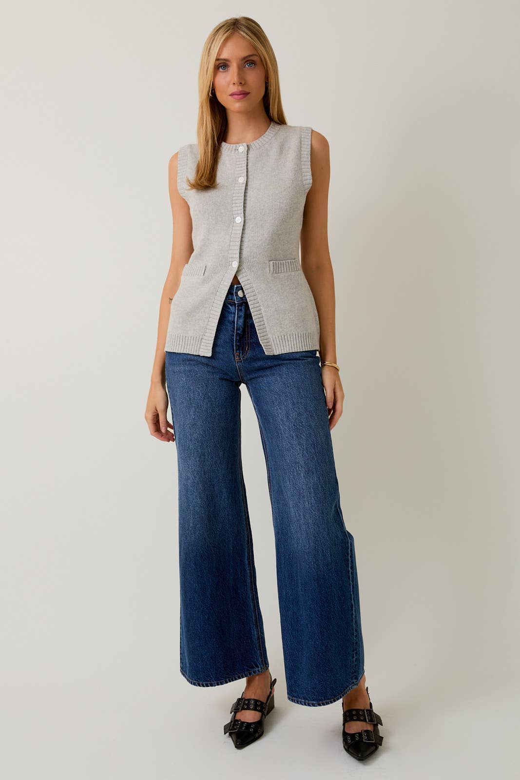 Margaux Button-Down Knit Vest (Heather Grey)
