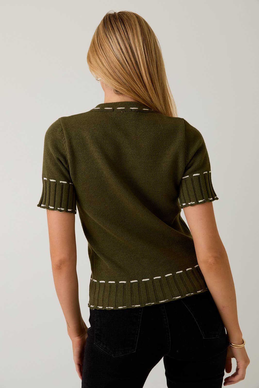 Round Neck Stitch Detail Sweater Cardigan – Olive