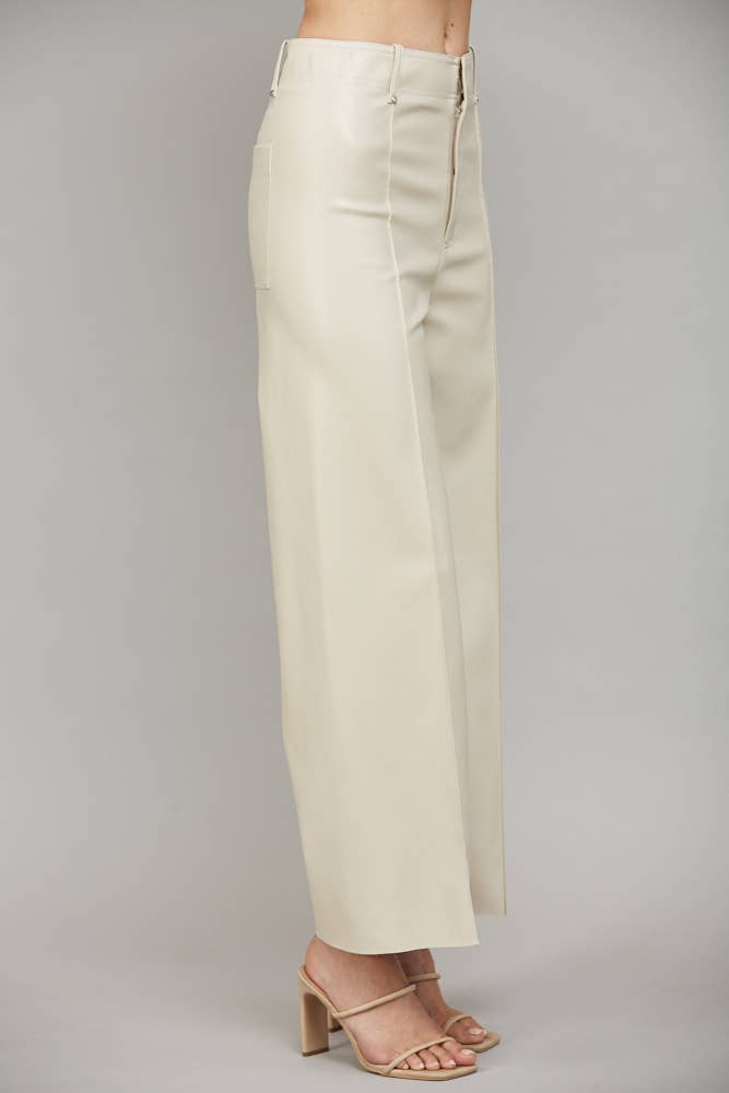 Colette Faux Leather Tuck-Detail Flare Pant (Ecru)