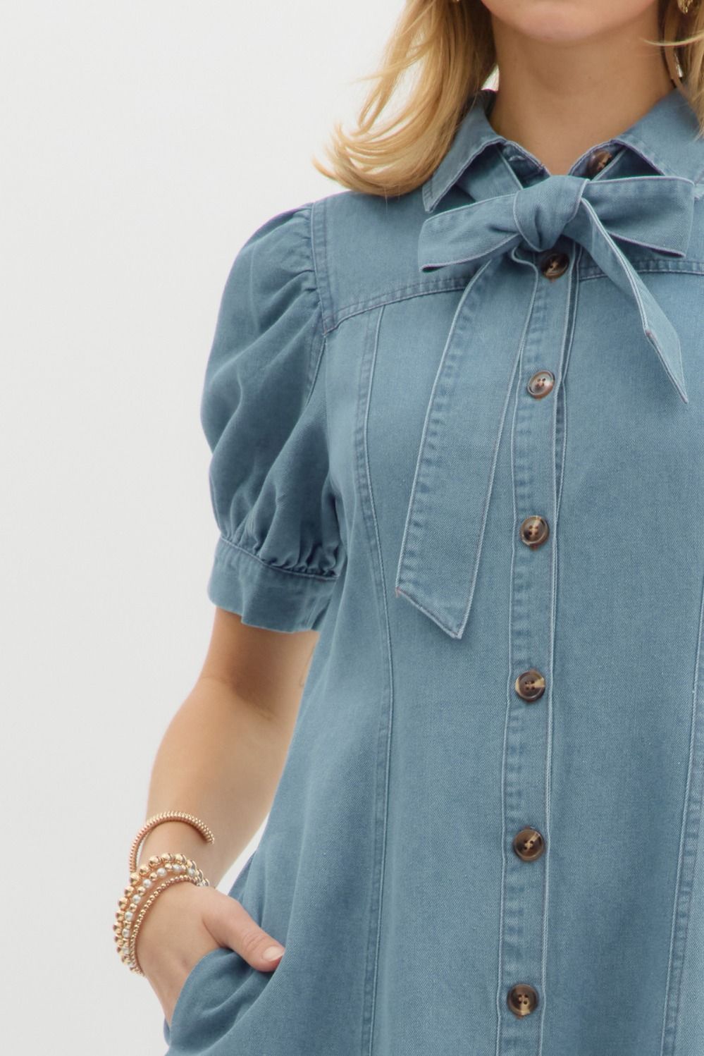 The Caroline Denim Bow Dress Entro