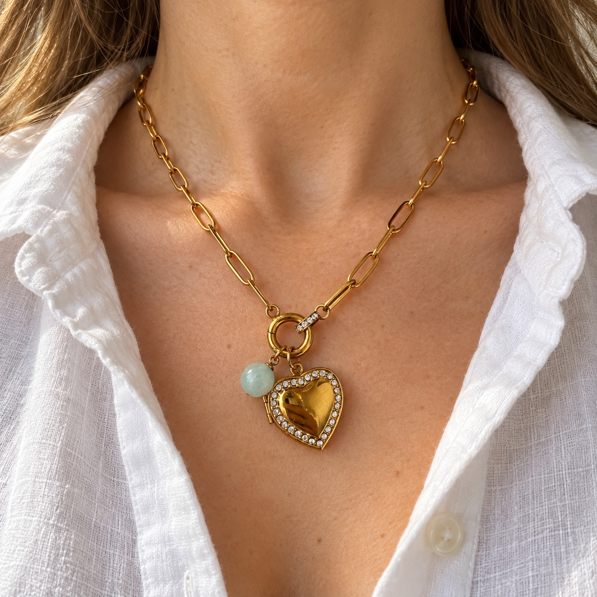 Gold heart locket necklace with amazonite charm