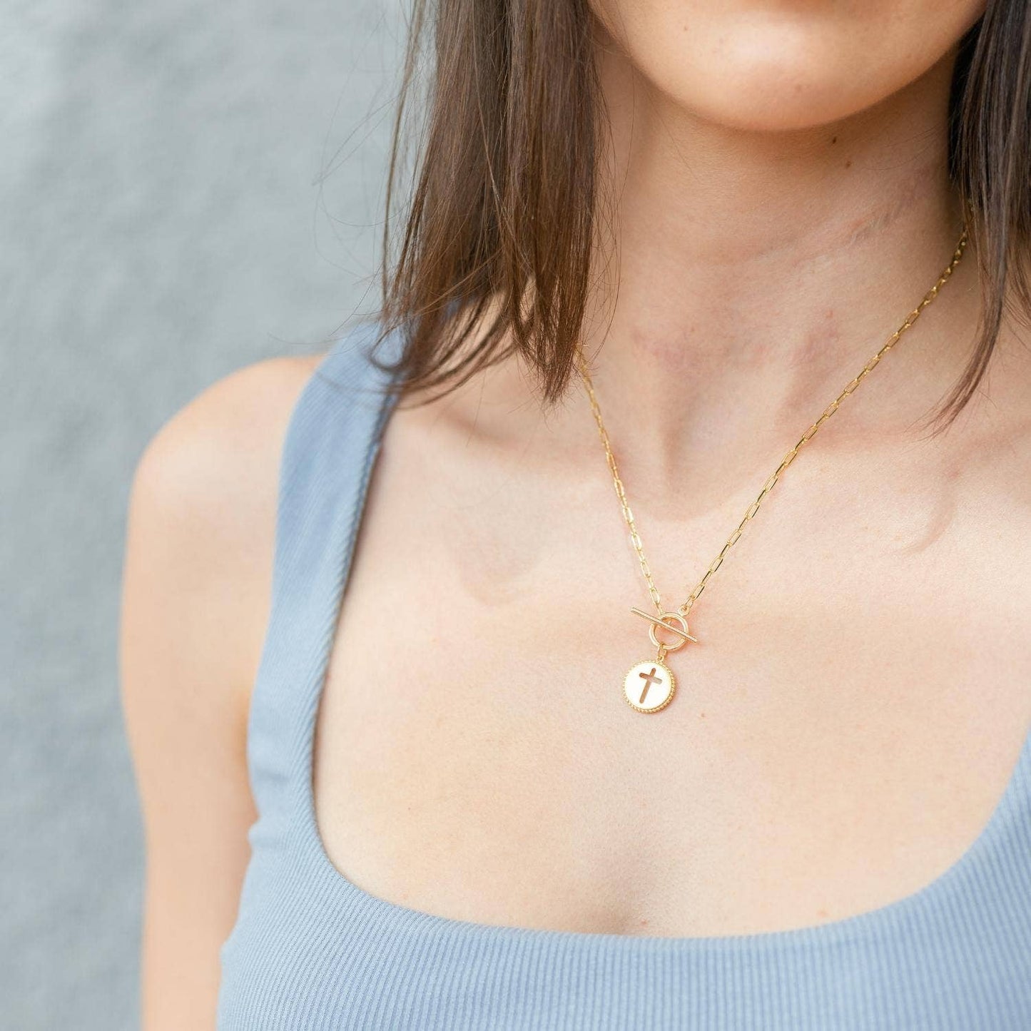 Cross Paperclip Toggle Necklace — Gold Necklace