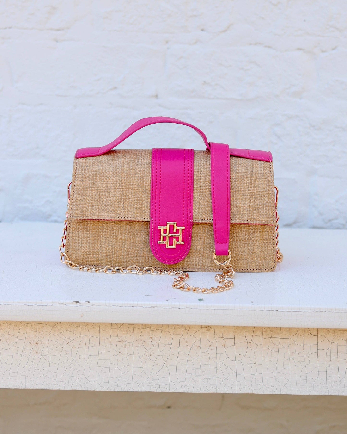 Waverly Raffia Clutch – Natural & Hot Pink
