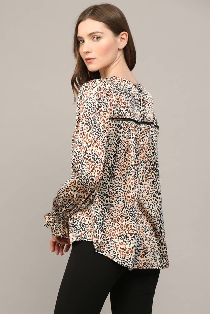 Esme Animal-Print Lace Peasant Blouse (Ivory Multi)