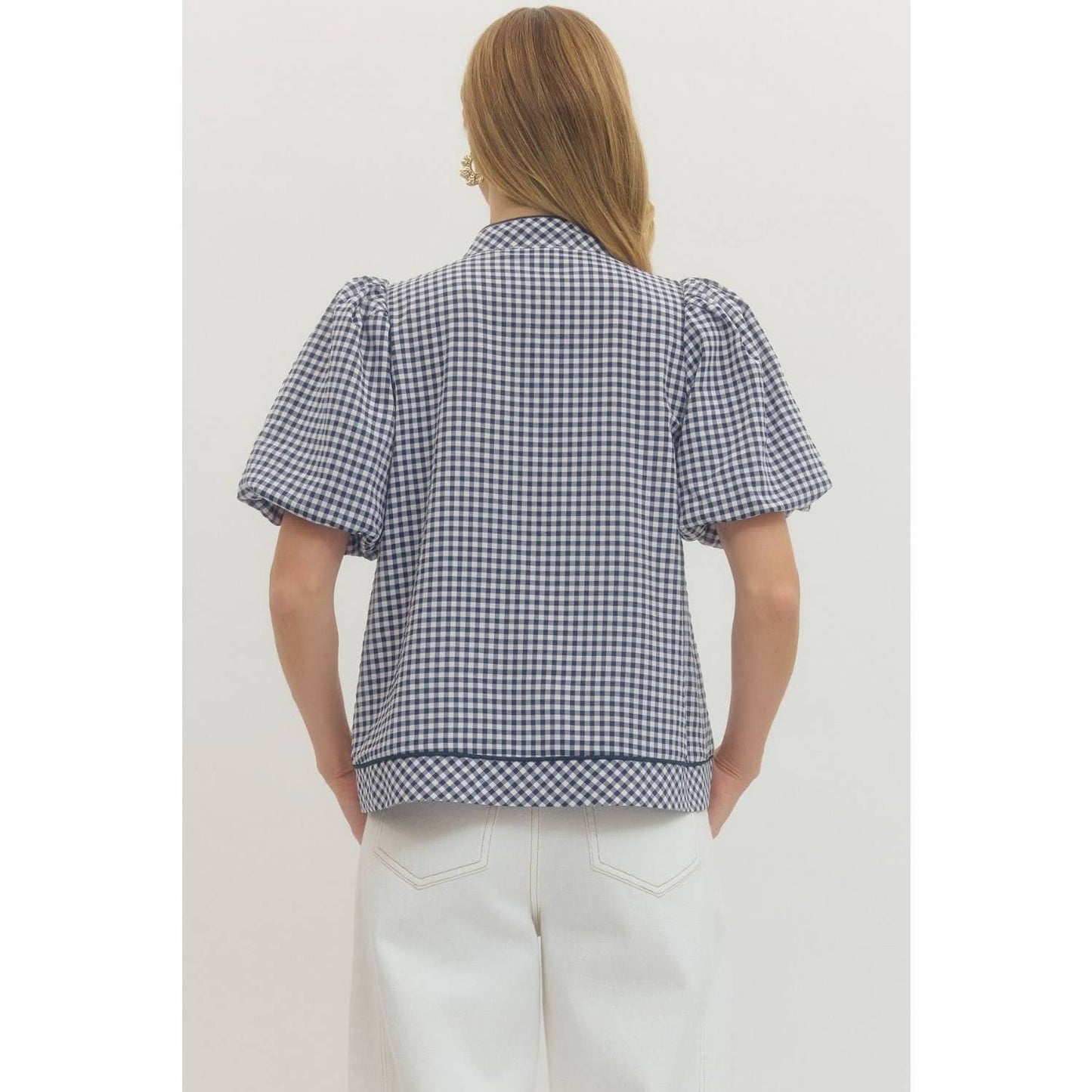 Navy Cambridge Gingham Puff Sleeve Blouse by STYLE USA, showcasing a stylish checkered pattern and puffed sleeve design.