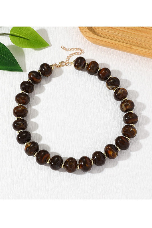 Boho Oval Resin Bead Necklace — Dark Brown