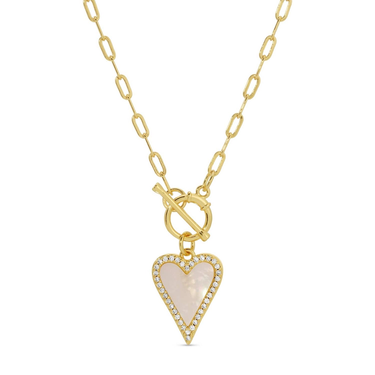 Mother-of-Pearl Pavé Heart Toggle Necklace — Gold