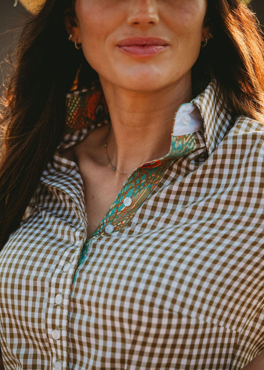 Women's olive gingham Western shirt by Frank & Rio, button-down style with classic yoke and long sleeves.