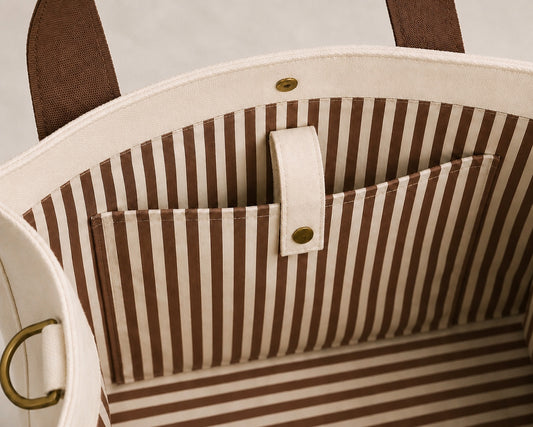 The Mahj Bag in Brown, striped interior