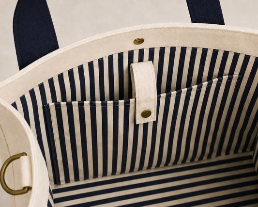 The Mahj Bag in Navy, striped interior