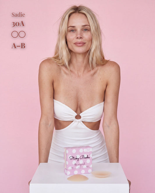Sticky Boobs Original Adhesive Silicone Nipple Covers in box, reusable, skin-toned, discreet nipple cover for seamless wear.