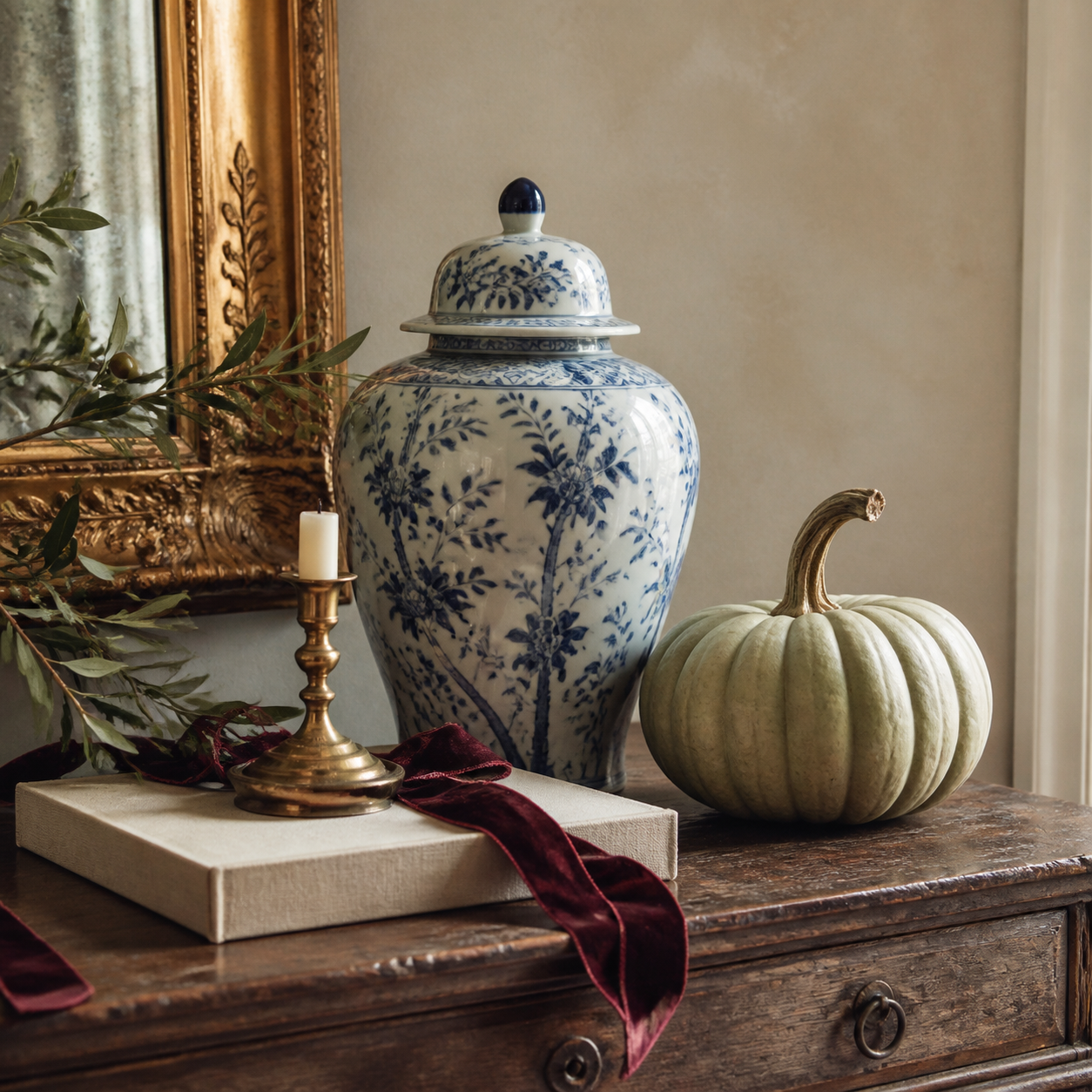 Early-fall home decor vignette with blue-and-white ginger jar, brass candlestick, greenery, and heirloom pumpkin
