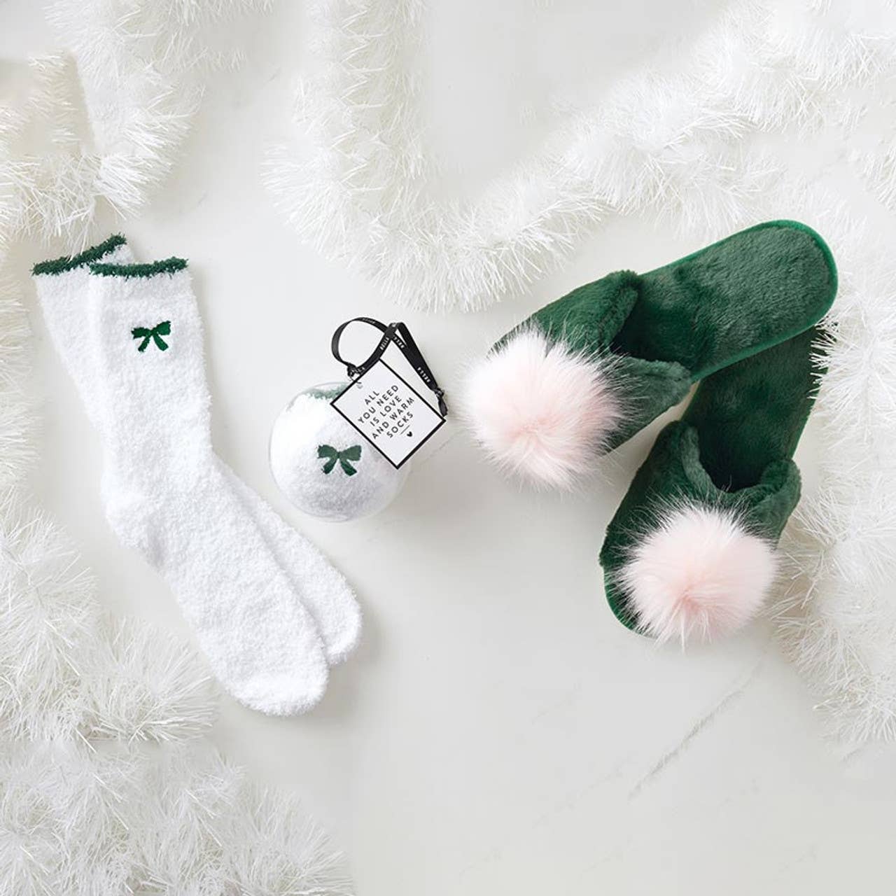Cozy Socks in Ornament – White with Green Bow